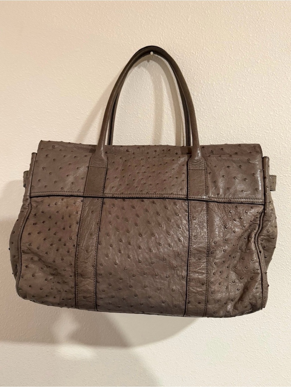 Mulberry grey Ostrich-Textured Satchel with Gold Hardware - Picture 2 of 10